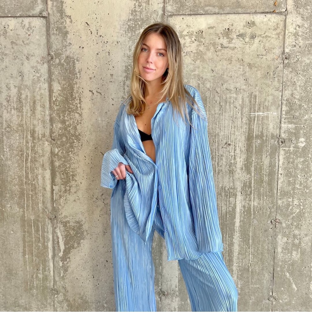 Light Blue Beca Plisse Button Up and Pant Set